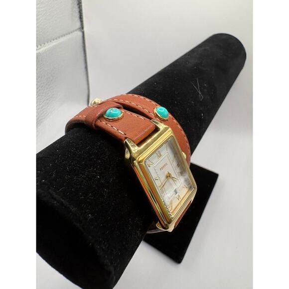 Fossil Women Watch Rectangular Gold-Tone Double Wrap Leather Turquoise Gold main image 6